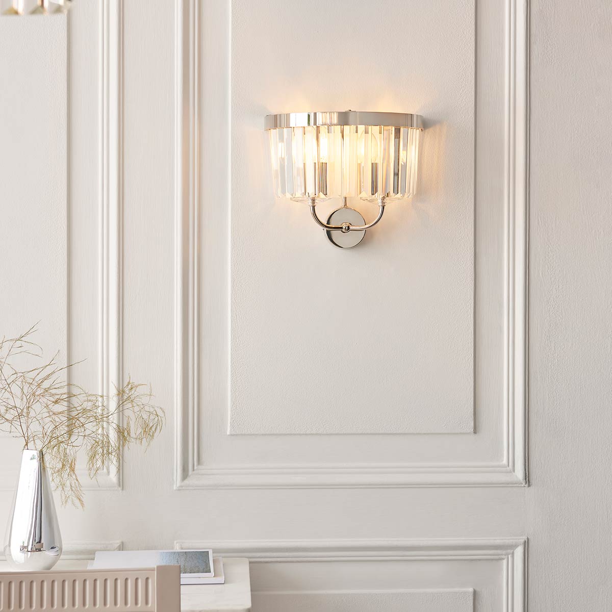 Polished Nickel Twin Wall Light with Cut Glass Drops