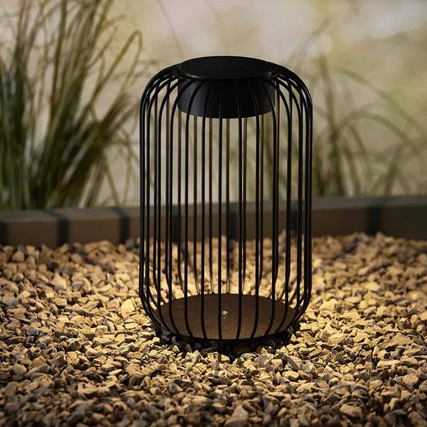 Dusk to Dawn solar outdoor spike light in black in garden setting lit