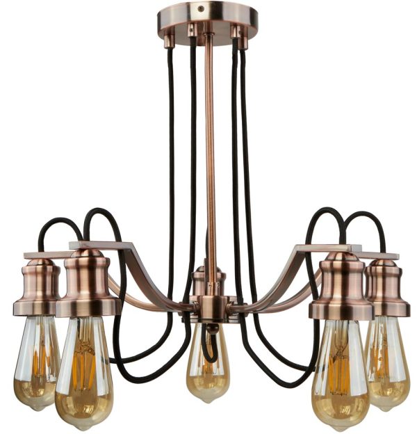 Olivia 5 light chandelier pendant in antique copper finish on white background