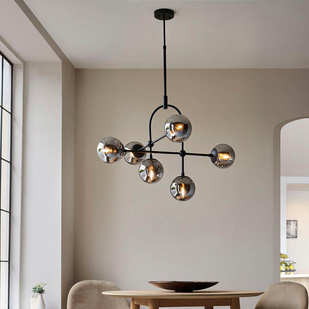 Telescopic Matt Black 6 Light Pendant with Tinted Glass