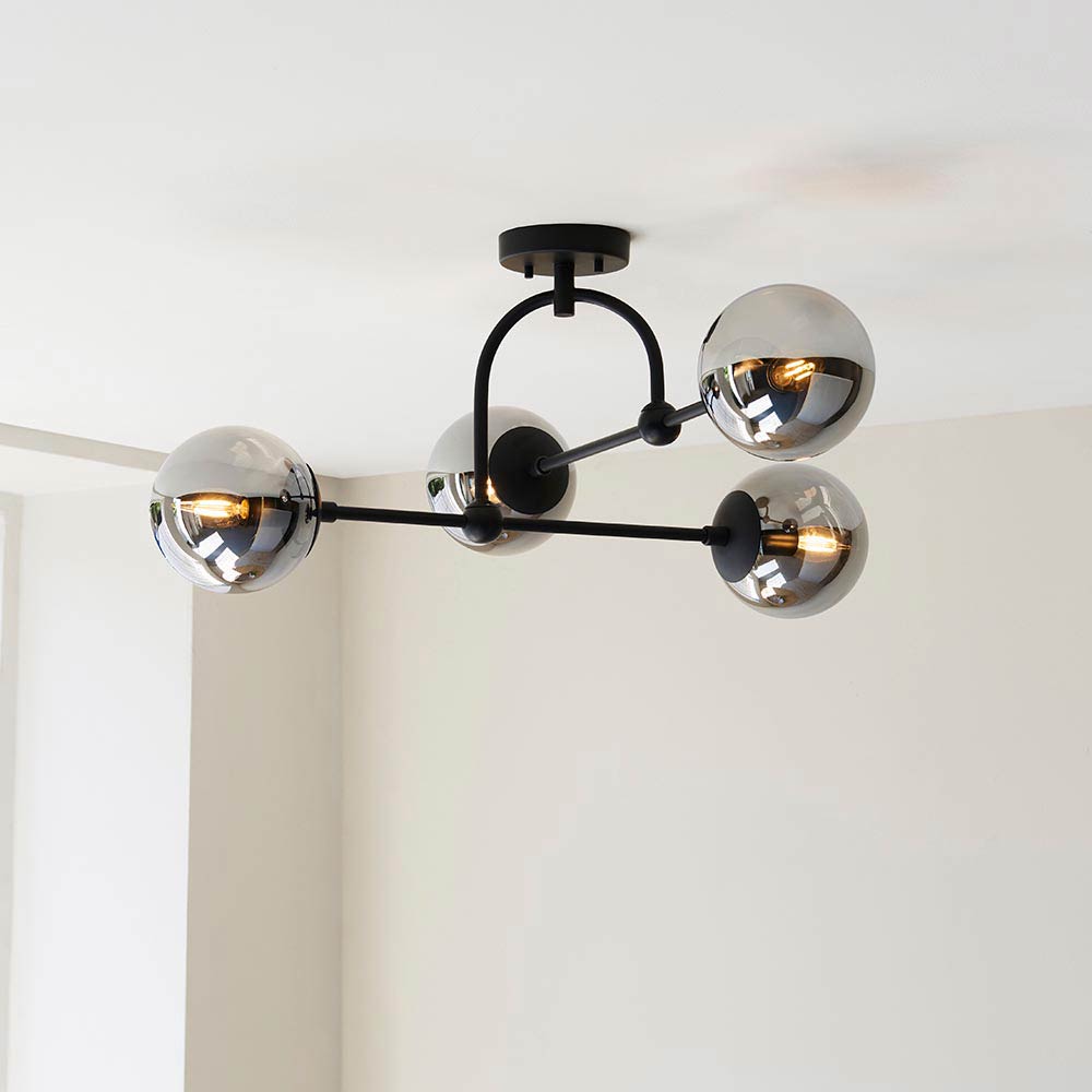 Matt Black 4 Light Semi Flush with Tinted Glass Shades