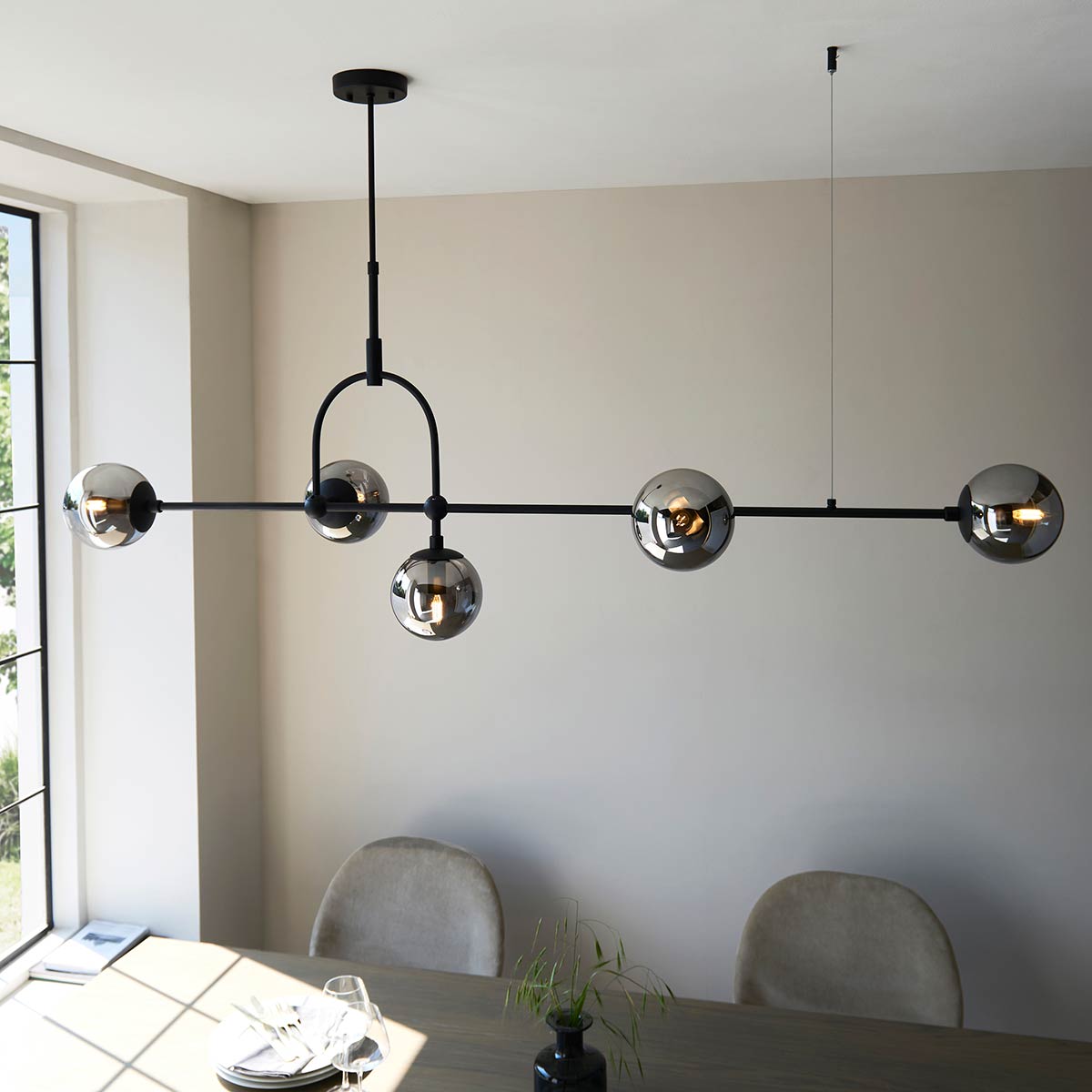 Telescopic Matt Black 5 Light Bar Pendant with Tinted Glass