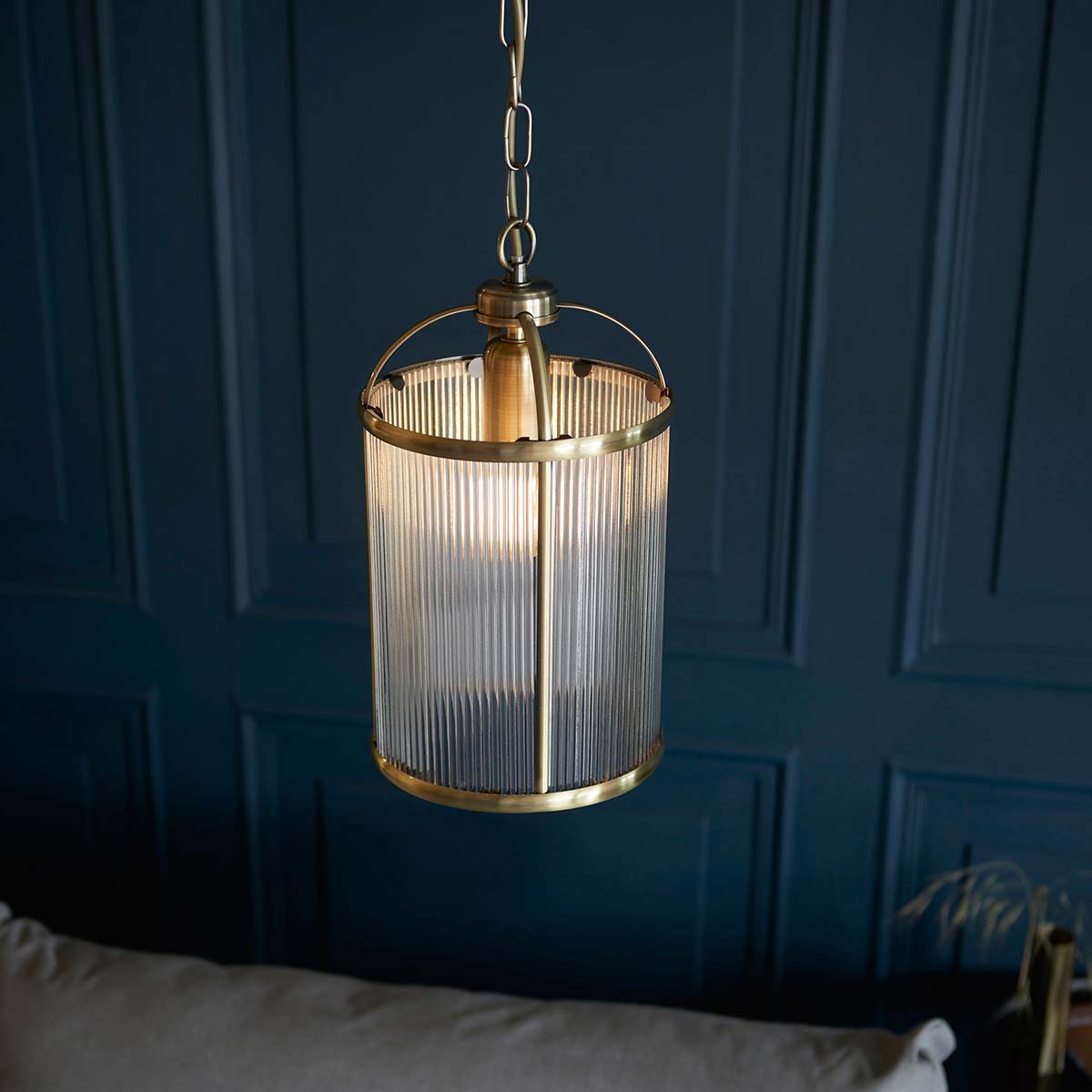 Lambeth 1 Light Pendant Lantern Antique Brass Ribbed Glass