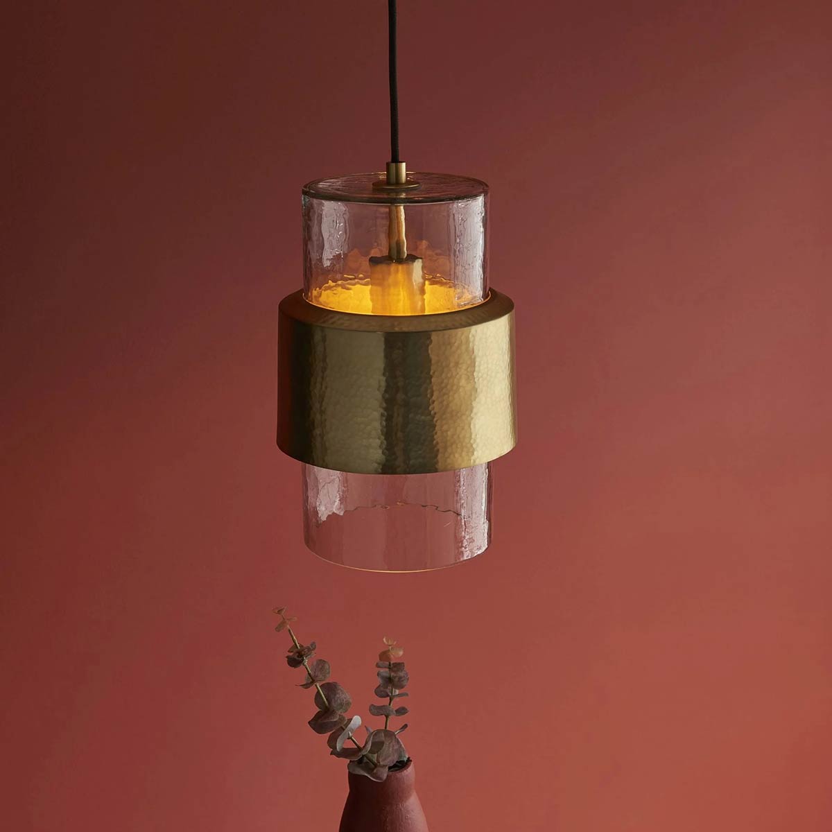 Small Textured Glass Kitchen Pendant in Hammered Brass