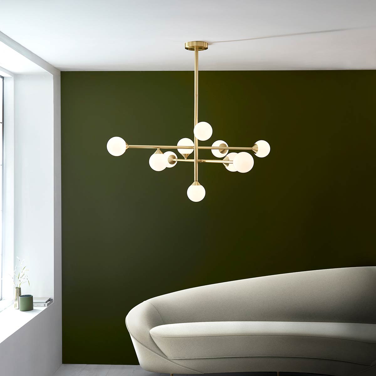 Large Modern 10 Light Pendant in Satin Brass with Opal Glass