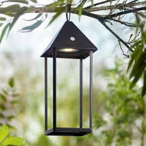 Hoot large outdoor table lantern in black and rated IP44 hanging from tree branch