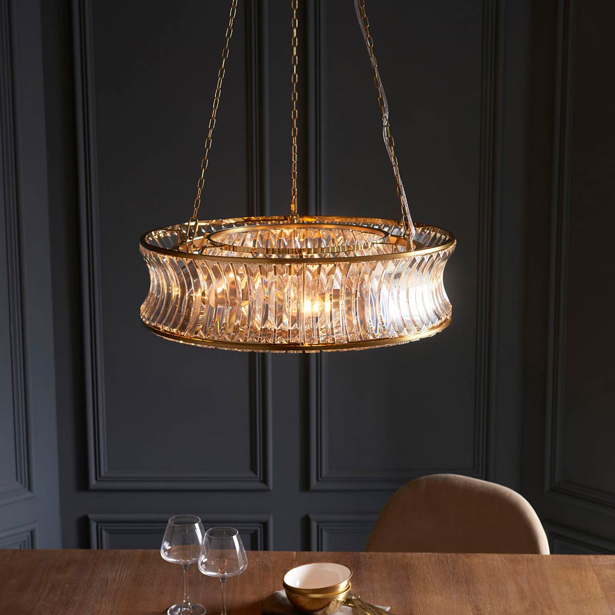 Brushed Brass 6 Light Pendant with Crystal and Clear Glass