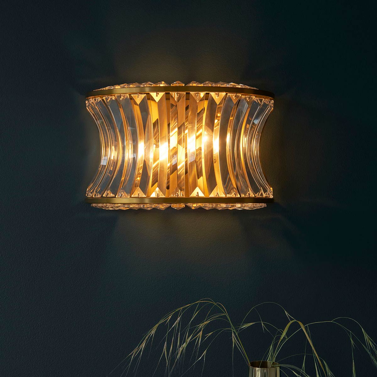 Brushed Brass 2 Light Wall Light with Crystal and Glass