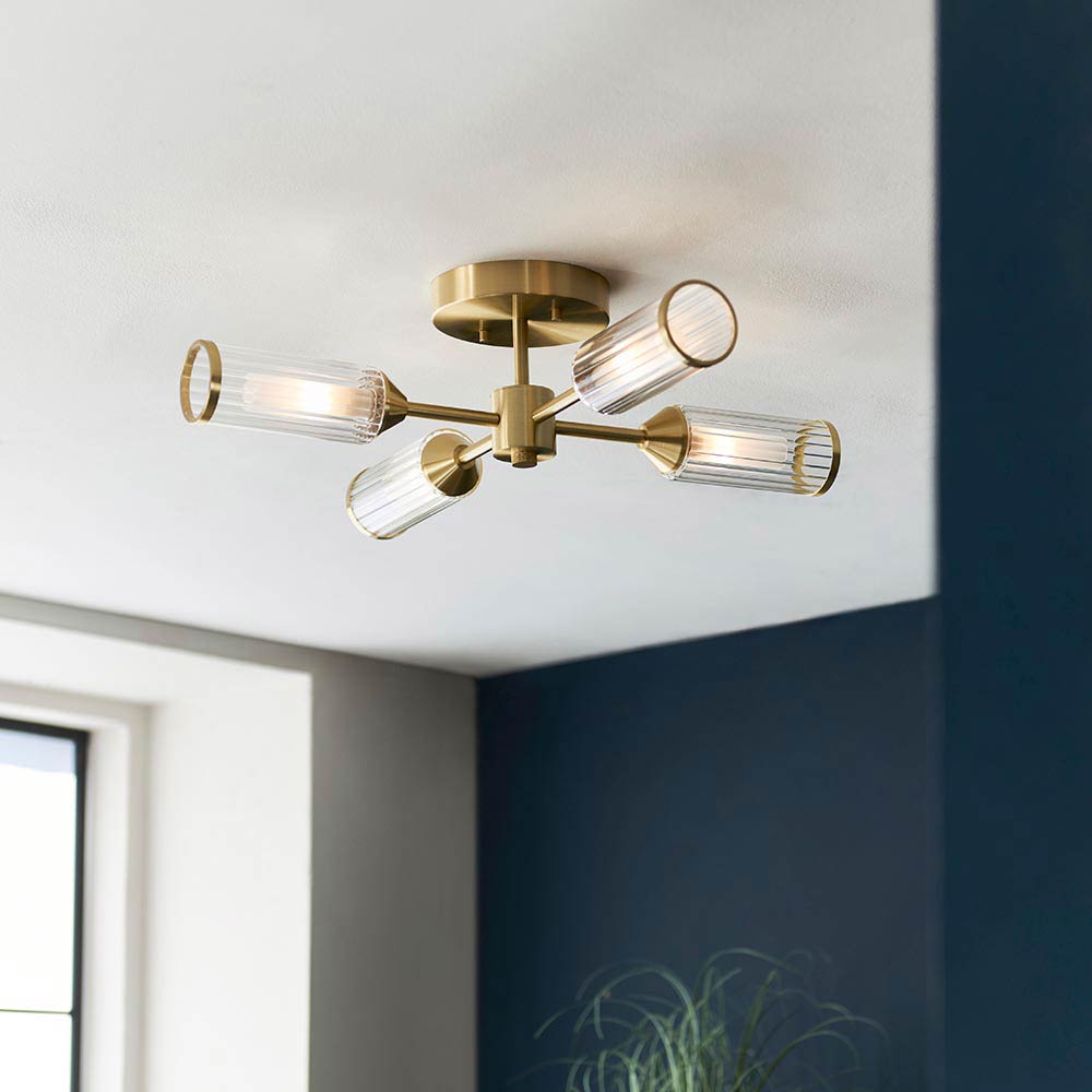 Satin Brass 4 Light Flush Mount with Ribbed / Frosted Glass