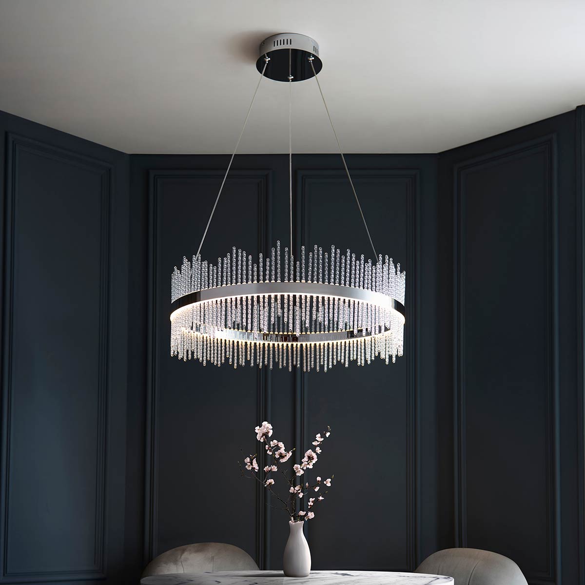 Dimmable Chrome Ring LED Pendant with Twisted Glass Rods