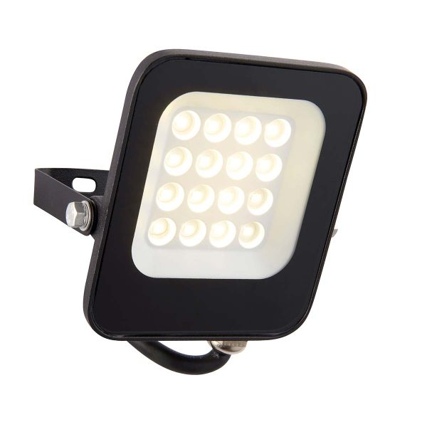 Guard 10w cool white LED floodlight in matt black with 900 lumen on white background lit