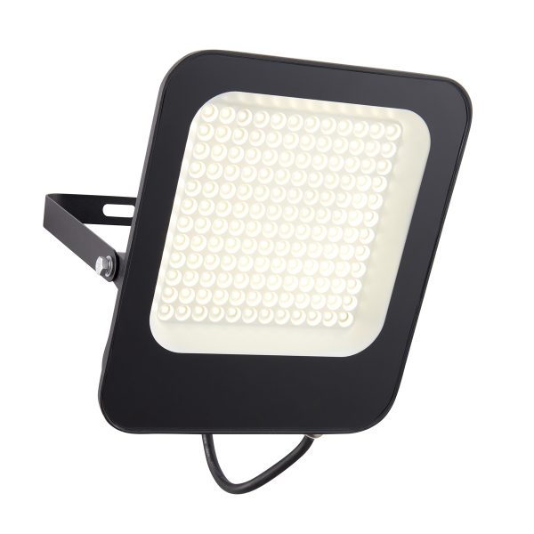 Guard very bright 100w LED outdoor security floodlight in matt black and rated IP65, on white background, lit.