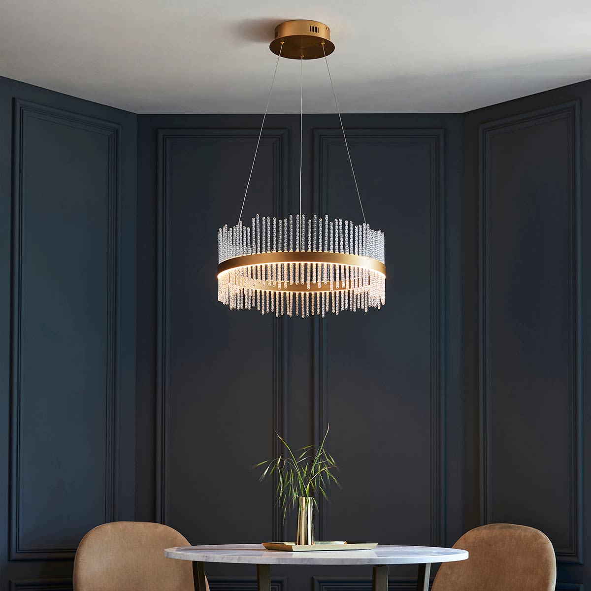 Small Matt Gold LED Hoop Pendant with Twisted Glass Rods