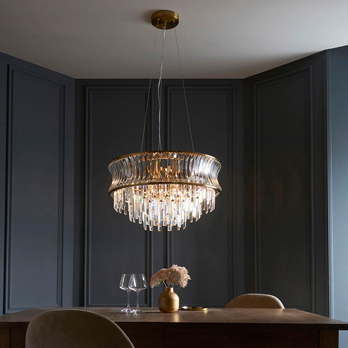 Brushed Brass 9 Light Pendant with Crystal and Clear Glass