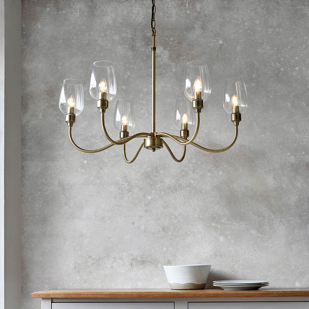 Large 6 Light Chandelier in Antique Brass with Glass Shades