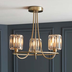 Berenice 3 light antique brass semi flush ceiling light on room ceiling