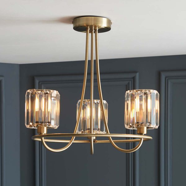 Berenice 3 light antique brass semi flush ceiling light on room ceiling