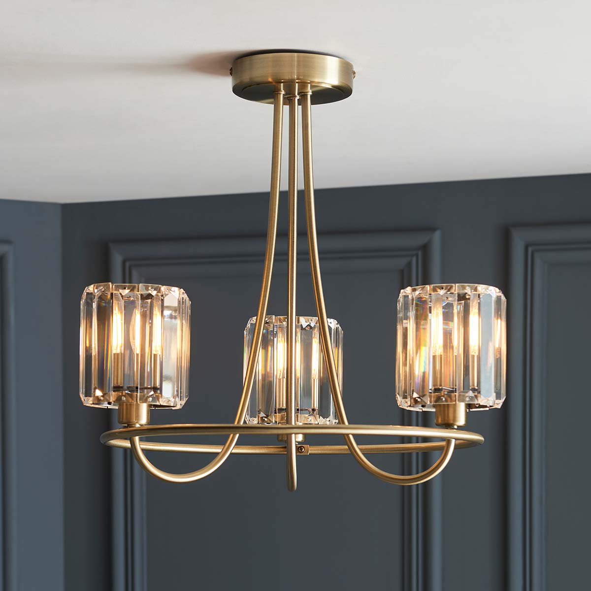 Berenice 3 Light Antique Brass Semi Flush Faceted Glass