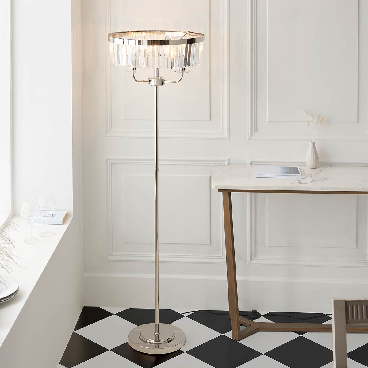 Polished Nickel Floor Lamp with 3 Lights and Cut Glass Drops
