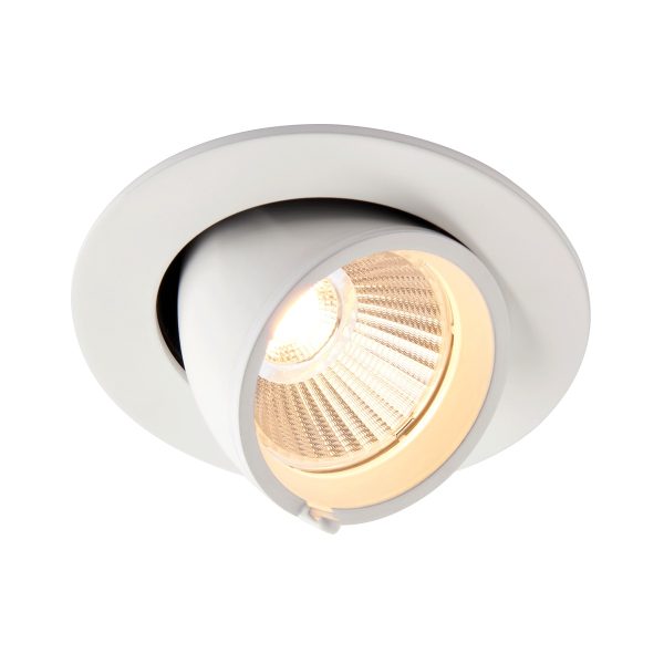 Axial 10.5W CCT LED tilt down light in matt white, shown at full tilt adjustment, lit.