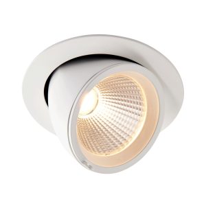 Axial 30w CCT LED tilt down light in matt white, shown at full tilt, lit in warm white.
