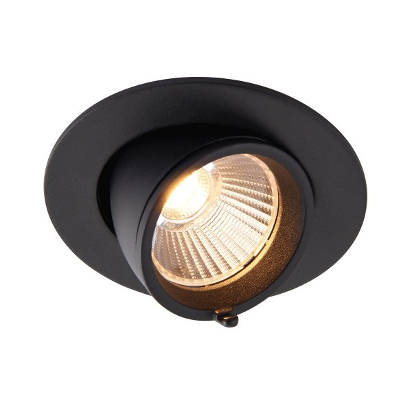 Axial 10.5W CCT LED tilt down light in matt black, shown at full tilt adjustment, lit.