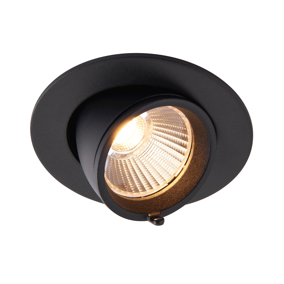 Axial 10.5W CCT LED tilt down light in matt black, shown at full tilt adjustment, lit.