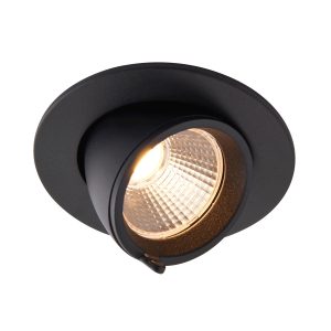 Axial 15w CCT LED tilt down light in matt black, shown at full tilt adjustment, lit