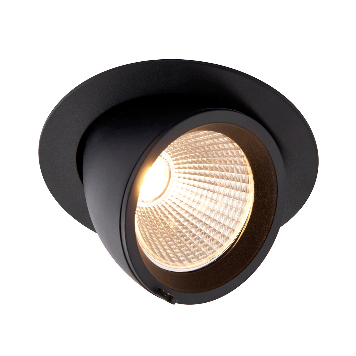 Axial 30w CCT LED tilt down light in matt black, shown at full tilt, lit in warm white.