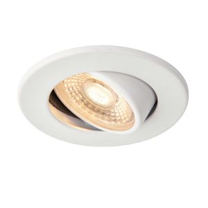 ShieldECO 500 dimmable 5w CCT LED tilt down light in matt white, shown flush and tilted on white background