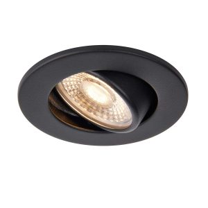 ShieldECO 500 dimmable 5w CCT LED tilt down light in matt black, shown flush and tilted on white background
