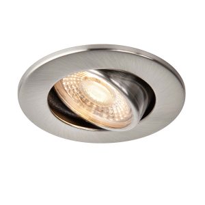 ShieldECO 500 dimmable 5w CCT LED tilt down light in satin nickel, shown flush and tilted on white background