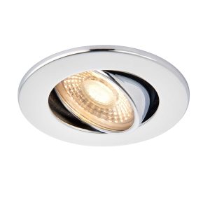 ShieldECO 500 dimmable 5w CCT LED tilt downlight in polished chrome, shown flush and tilted on white background