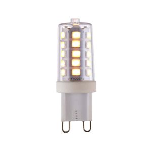 Dimmable 4w LED G9 capsule bulb in warm white with 470 lumen, shown on white background lit
