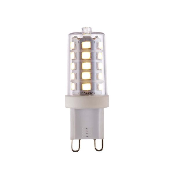 Dimmable 4w LED G9 capsule bulb in cool white with 470 lumen, shown on white background lit