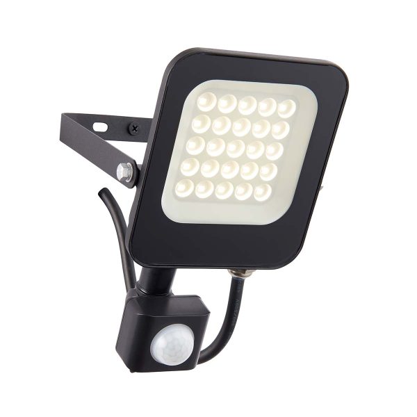 Guard 20w cool white LED PIR floodlight with override in matt black on white background lit