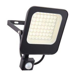 Guard 30w cool white LED PIR floodlight with override in matt black on white background lit