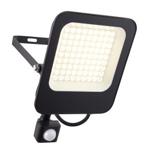 Guard 50w cool white LED PIR floodlight with override in matt black on white background lit