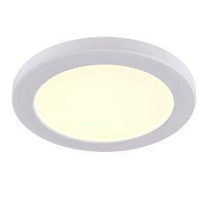 StratusDISC flush CCT LED bathroom ceiling light in matt white on white background lit