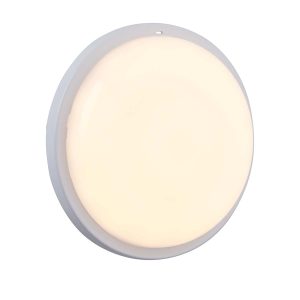 Rond Plus 15W CCT LED outdoor bulkhead light in gloss white on white background lit