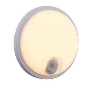 Rond Plus 15W CCT LED outdoor PIR bulkhead light in gloss white on white background lit