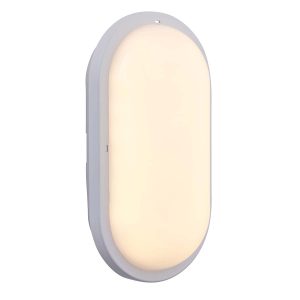 Pillo Plus 15W CCT LED outdoor bulkhead light in gloss white on white background lit