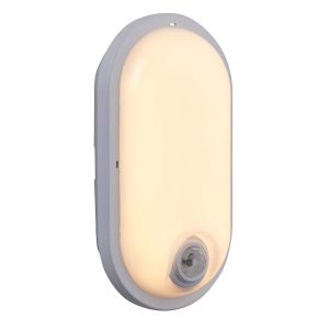 Pillo Plus 15W CCT LED outdoor PIR bulkhead light in gloss white on white background lit
