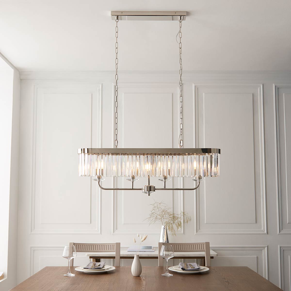 Linear 4 Light Pendant in Polished Nickel with Cut Glass