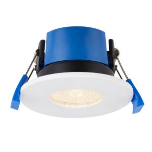 Shield dimmable 7w 4CCT LED fire rated IP65 shower light, shown lit on white background.