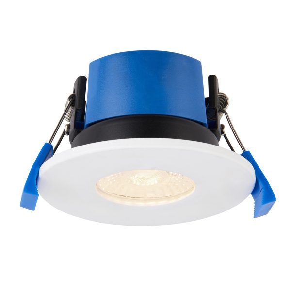 Shield dimmable 7w 4CCT LED fire rated IP65 shower light, shown lit on white background.