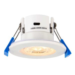 ShieldECO dimmable 5w CCT LED fire rated IP65 downlight, full fitting, lit.
