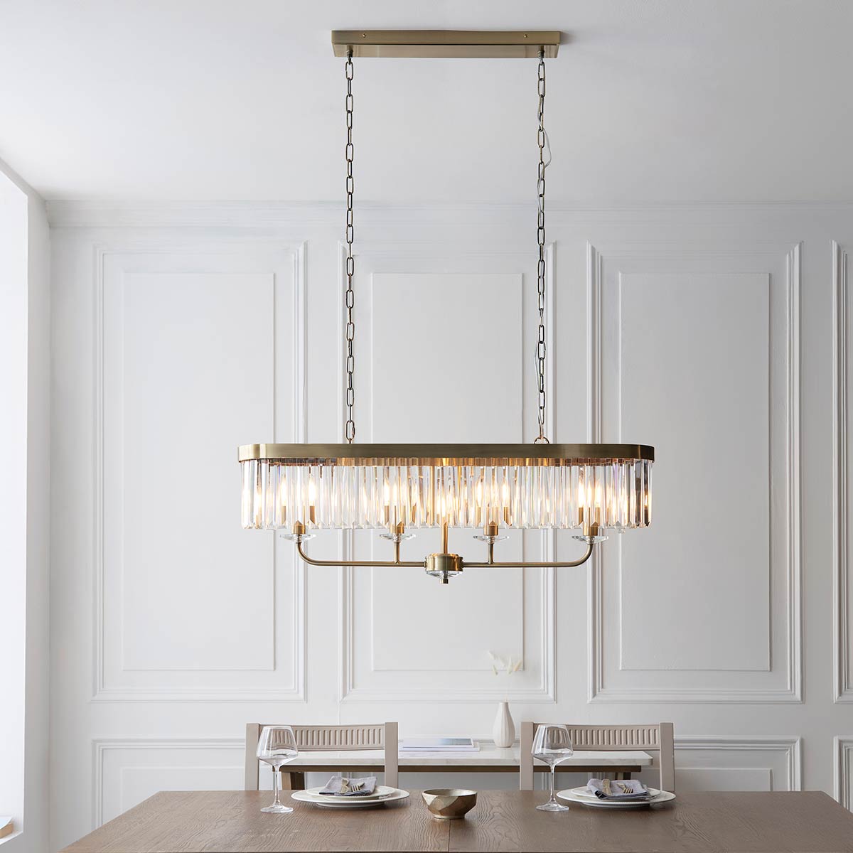 Linear 4 Light Pendant in Antique Brass with Cut Glass