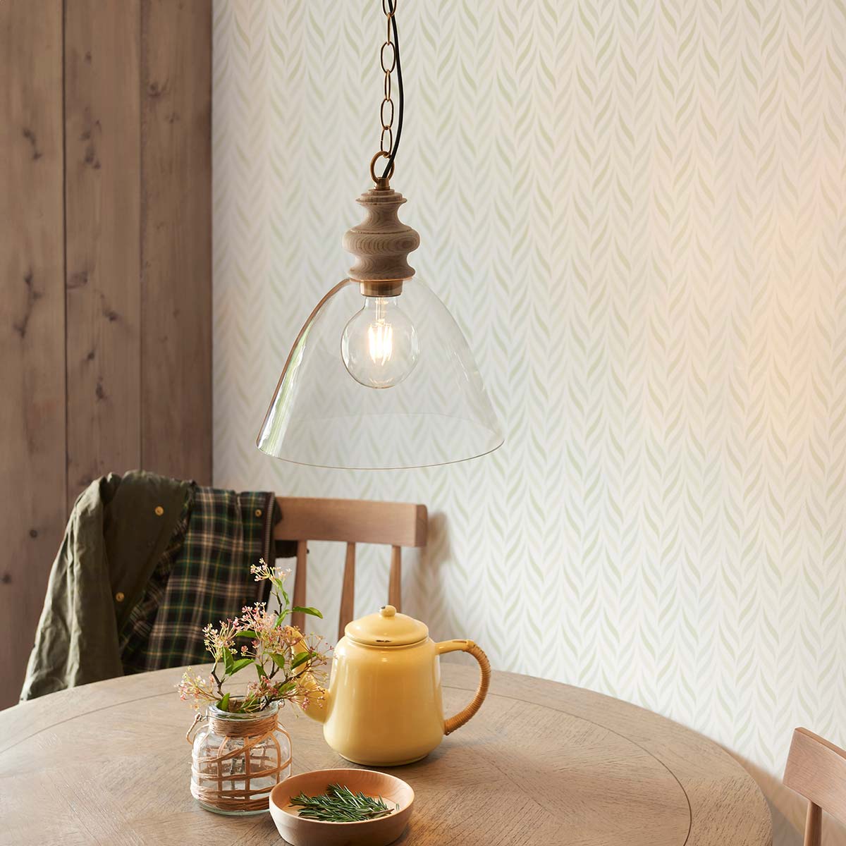 Cotswold Ash Wood Pendant Light in Aged Brass with Clear Glass
