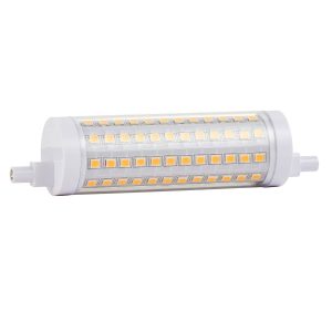Dimmable R7s LED 118mm strip lamp in warm white, on white background.